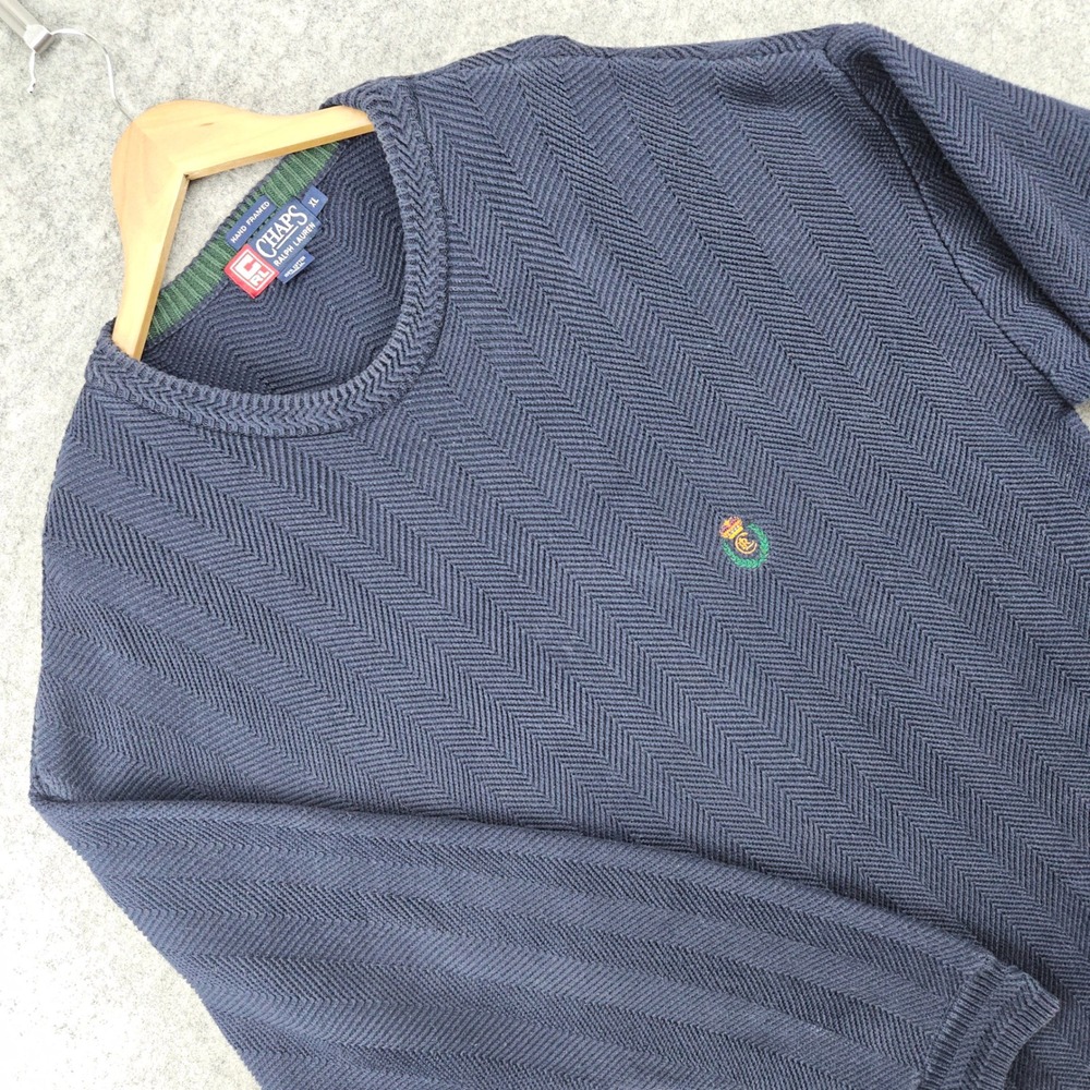 Chaps Ralph Lauren Sweater Men's XL Navy Blue Herringbone Knit Crest Logo Winter